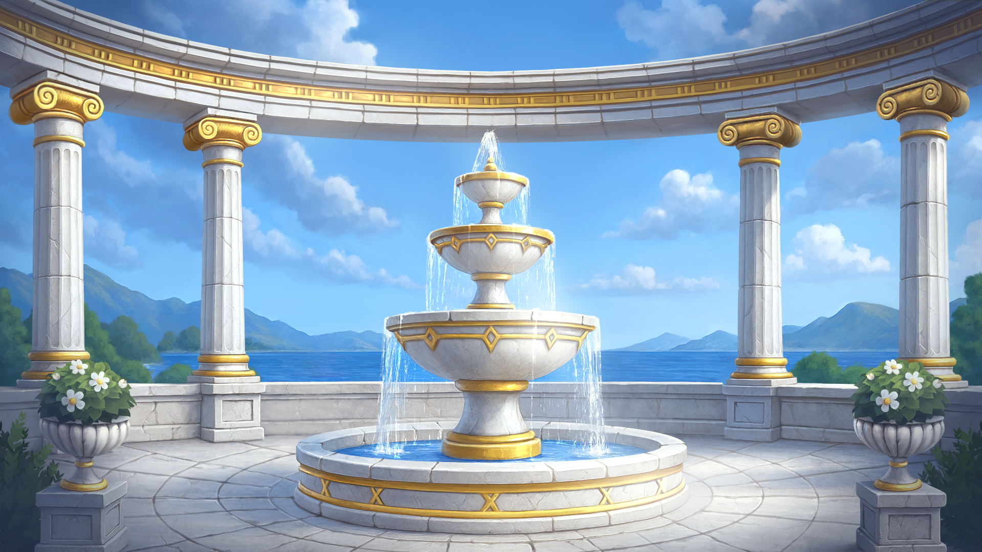 A marble temple terrace with golden columns overlooking the Aegean sea